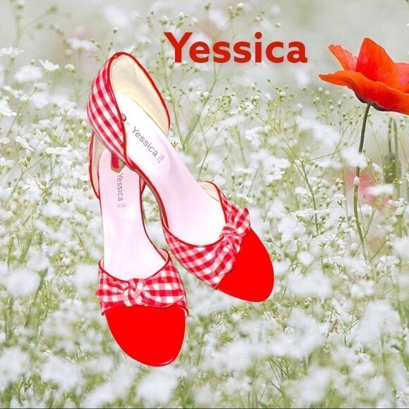 Yessica brand red and white checkered open toe adorable heels - Picture 1 of 7